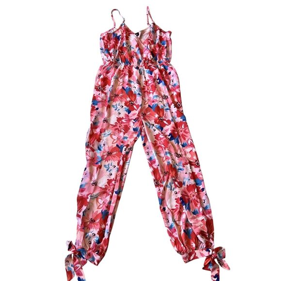 Parisian Womans Pink Blue Floral Jumpsuit High Leg Slits Resort Vacay Size 10 - Picture 1 of 8
